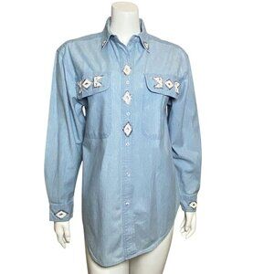 Vintage Western Denim Button Up Shirt Womens Size S Beaded Cotton The Shirt Inc